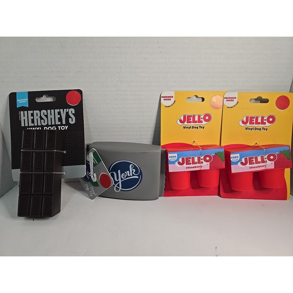 Dog Toys Hersheys bar, 2 Jello, York Peppermint patty, Vinyl with squeaker